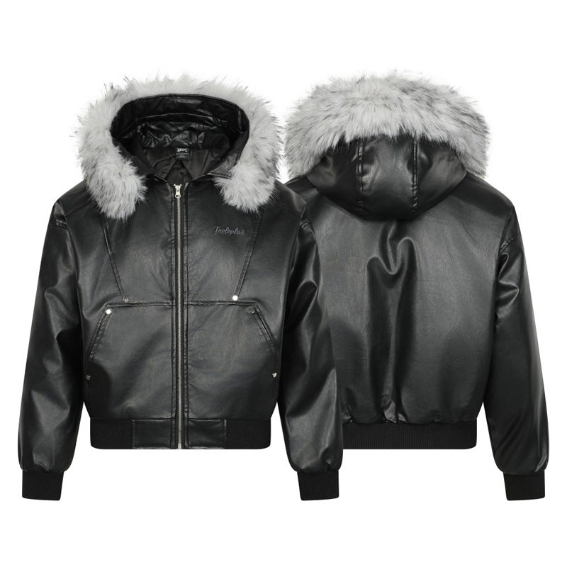 Detachable Fur Collar Hooded Leather Parka Coat