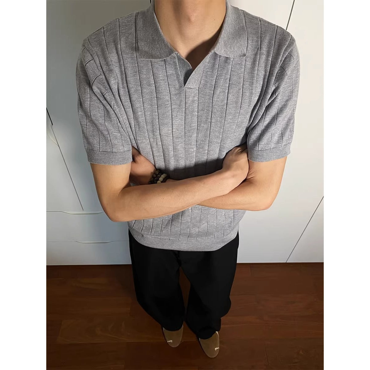 Ribbed Knit Open Collar Polo