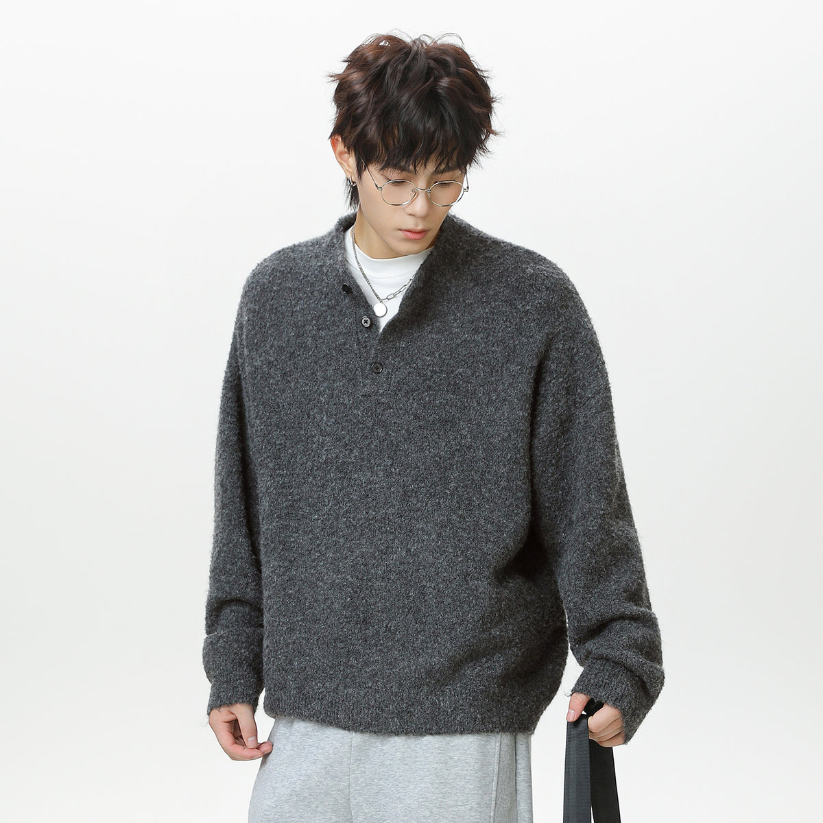 Textured Henley Knit Sweater