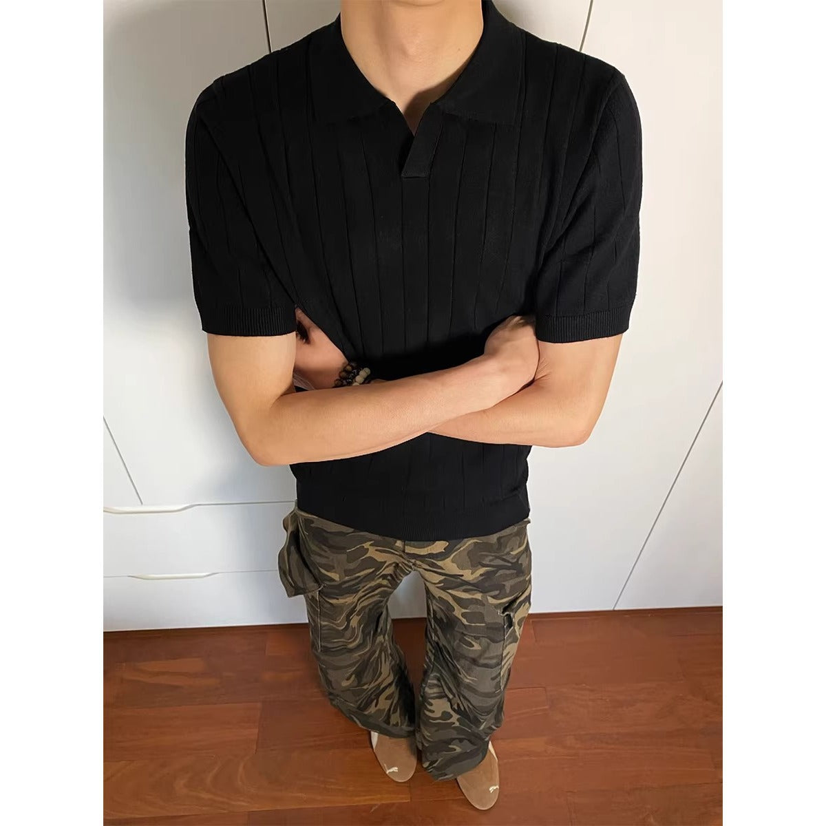 Ribbed Knit Open Collar Polo