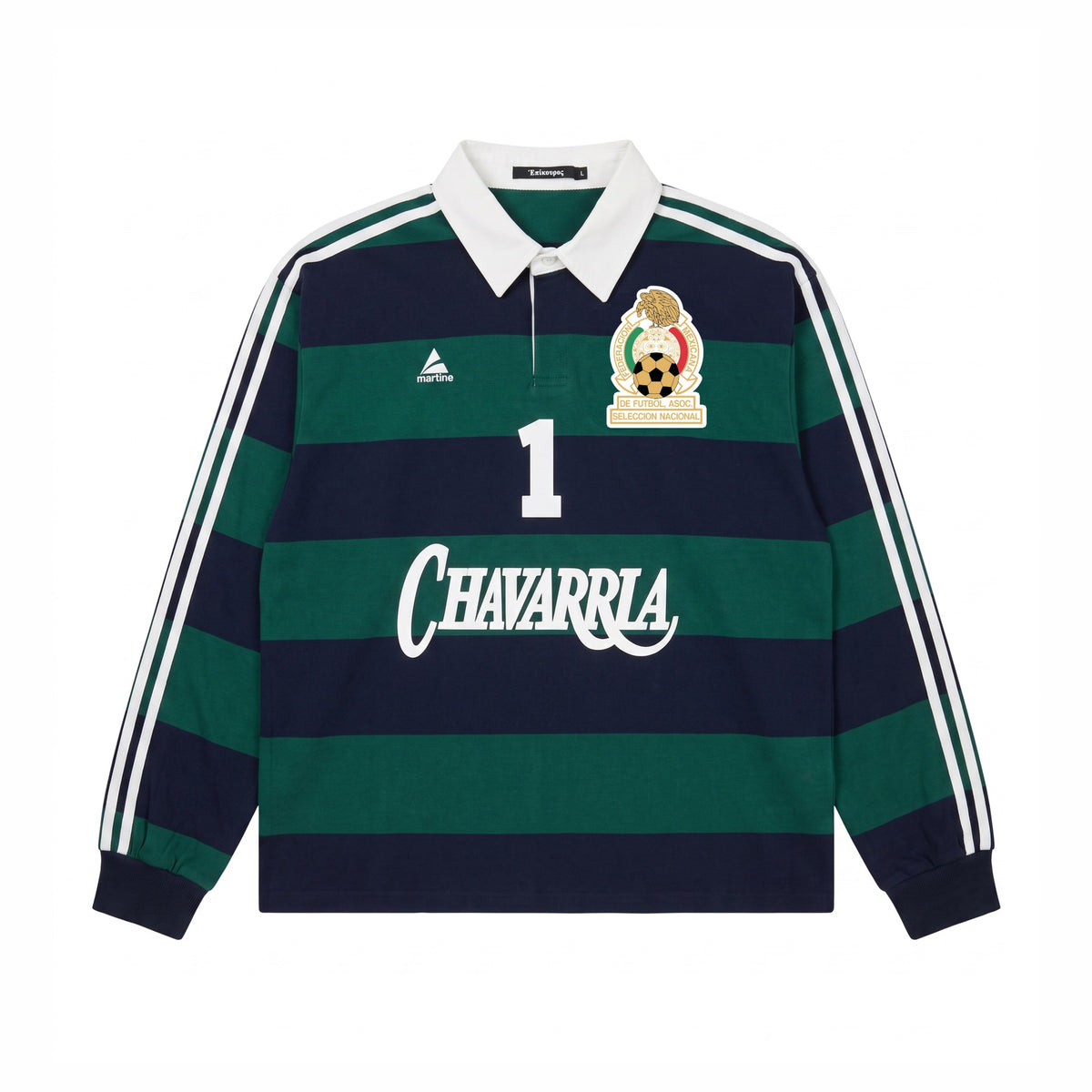 Mexican Print Color-block Stripe Long Sleeve Polo Shirt