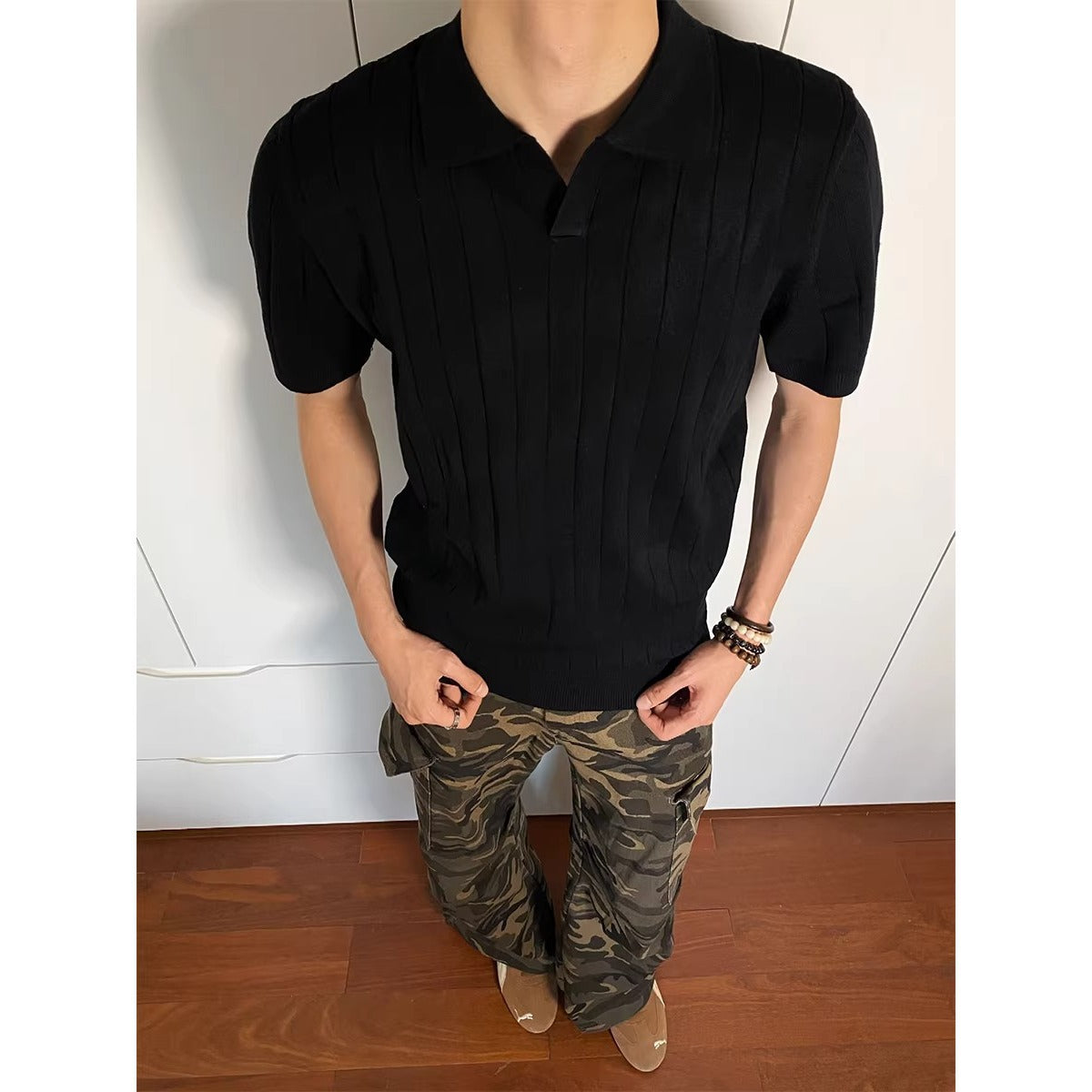 Ribbed Knit Open Collar Polo