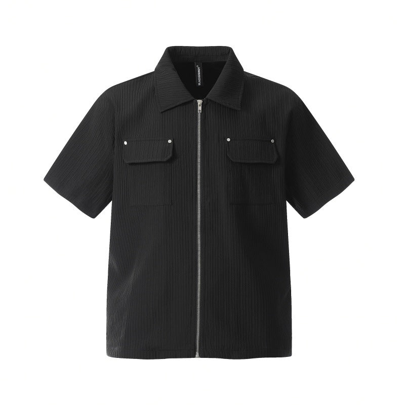 Textured Zip-Up Short Sleeve Shirt