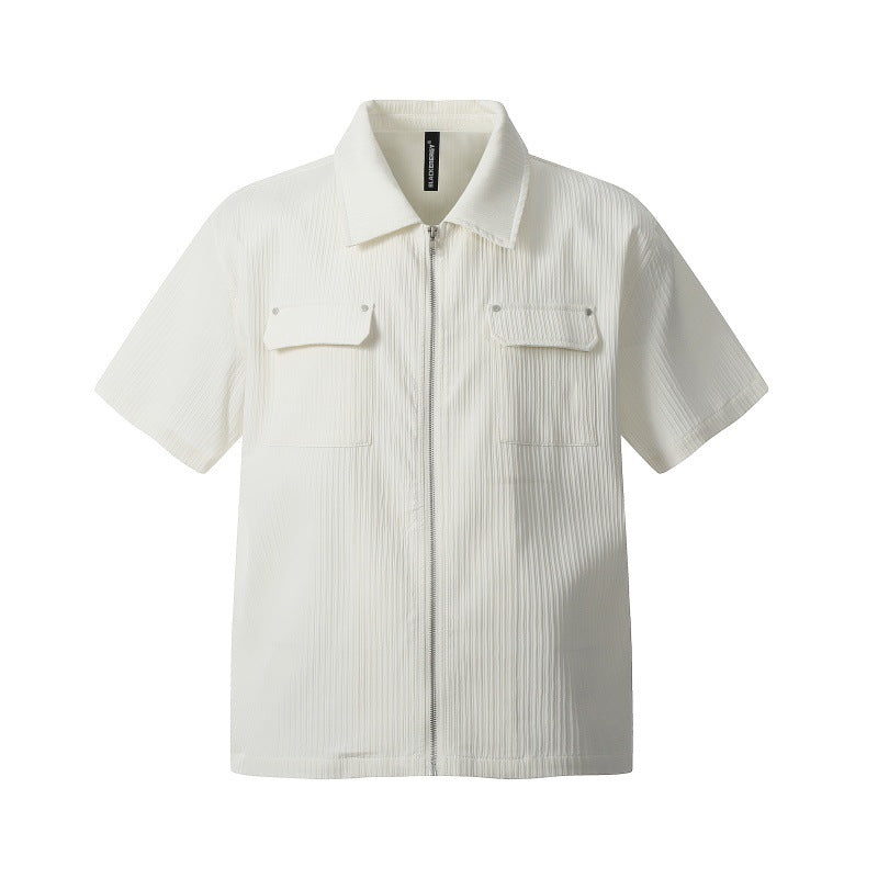 Textured Zip-Up Short Sleeve Shirt