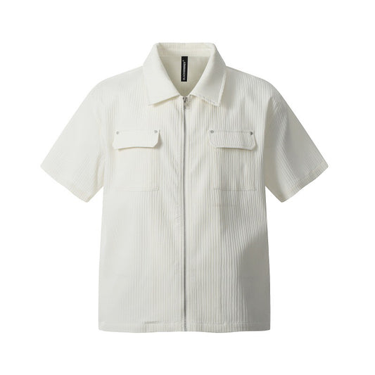 Textured Zip-Up Short Sleeve Shirt