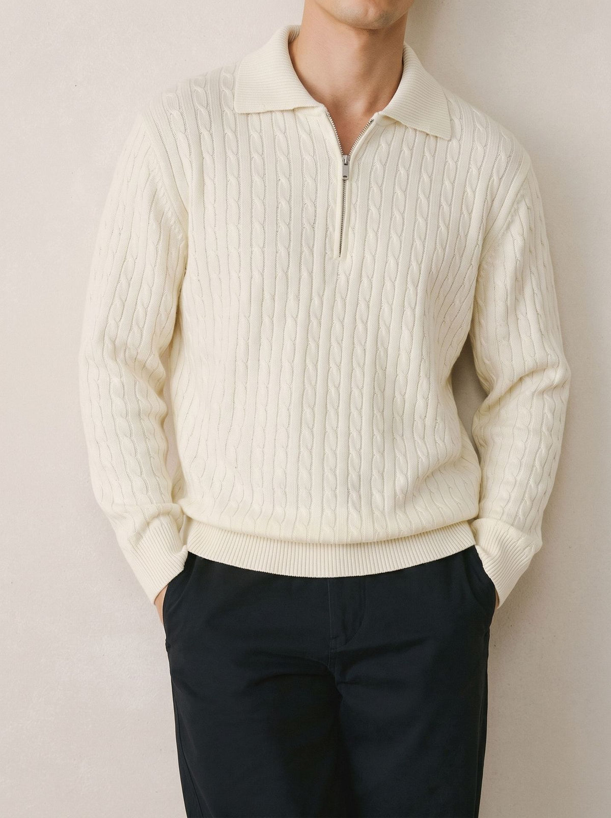 Cable Knit Half Zip Polo Sweater