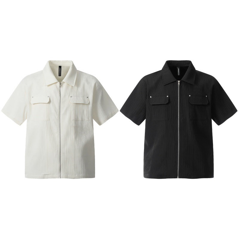 Textured Zip-Up Short Sleeve Shirt