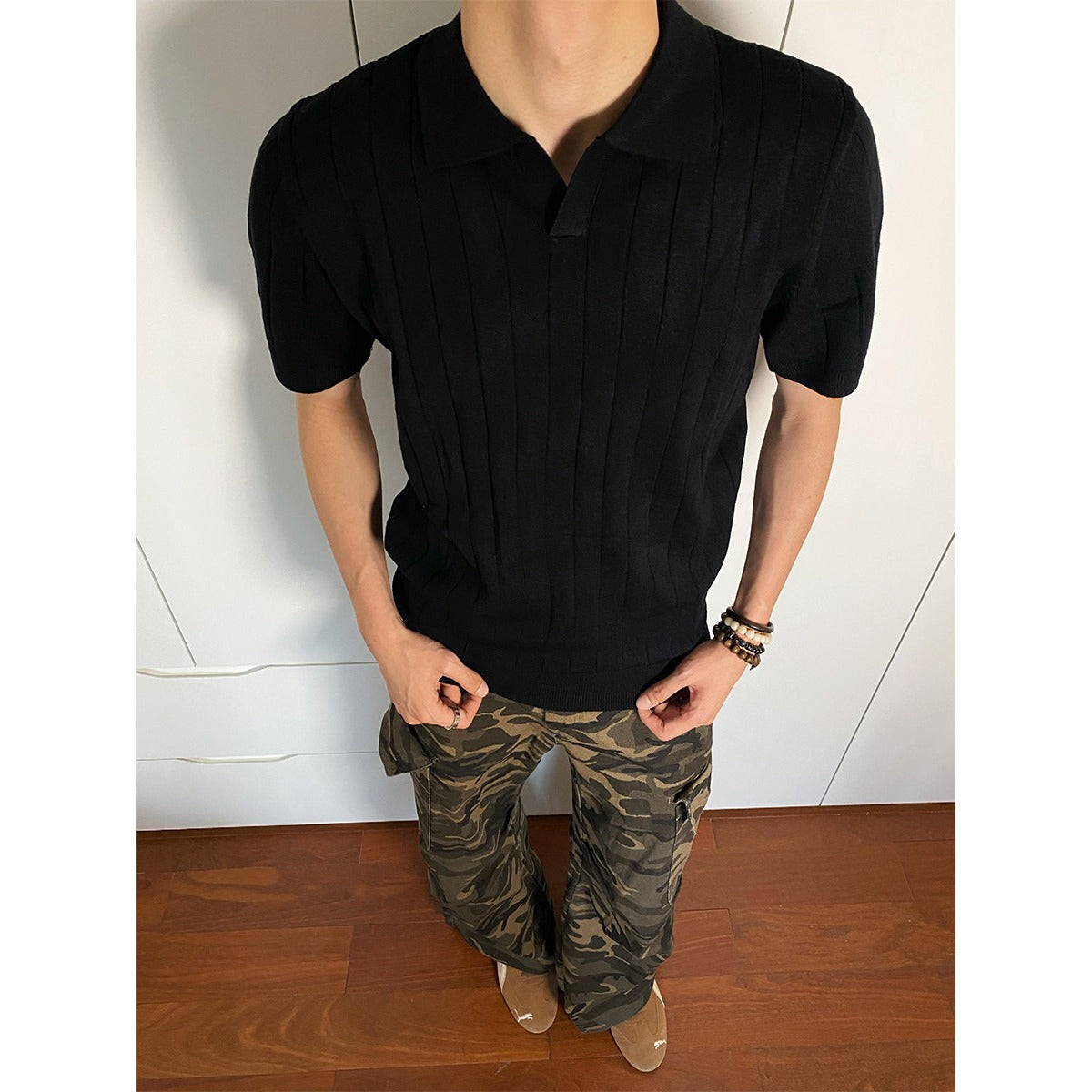 Ribbed Knit Open Collar Polo