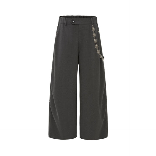 Vintage  Men's Loose Drape Casual Trousers with Pleated Metal Decorative Design