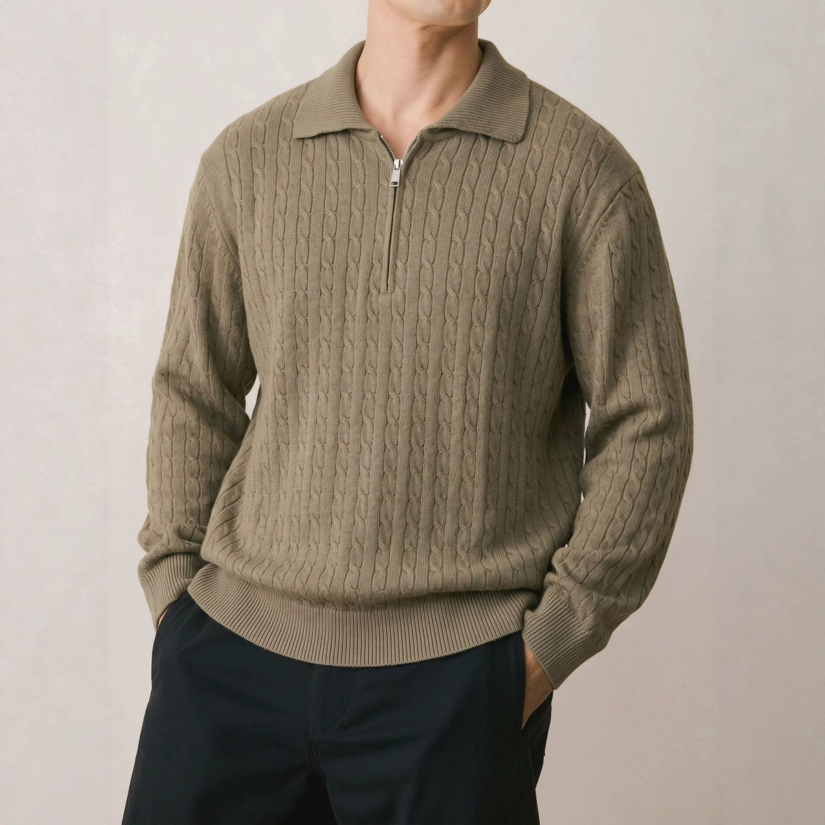 Cable Knit Half Zip Polo Sweater