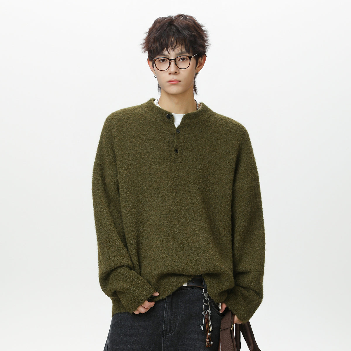 Textured Henley Knit Sweater
