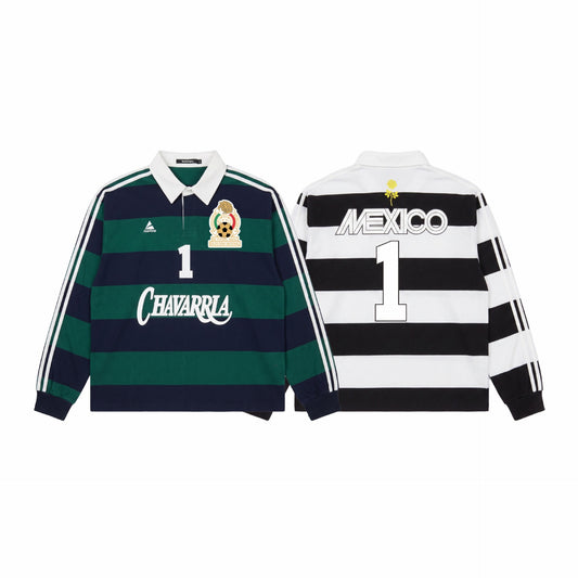 Mexican Print Color-block Stripe Long Sleeve Polo Shirt