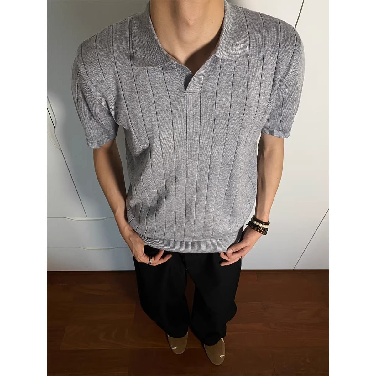 Ribbed Knit Open Collar Polo