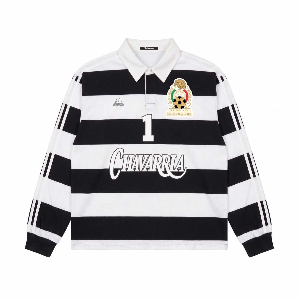 Mexican Print Color-block Stripe Long Sleeve Polo Shirt