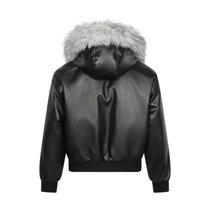 Detachable Fur Collar Hooded Leather Parka Coat