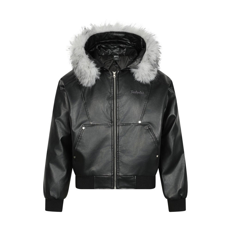Detachable Fur Collar Hooded Leather Parka Coat