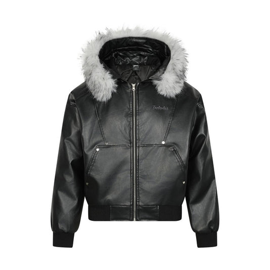 Detachable Fur Collar Hooded Leather Parka Coat